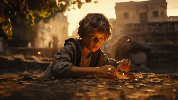 Enfant animé jouant et trouvant une ancienne pièce romaine