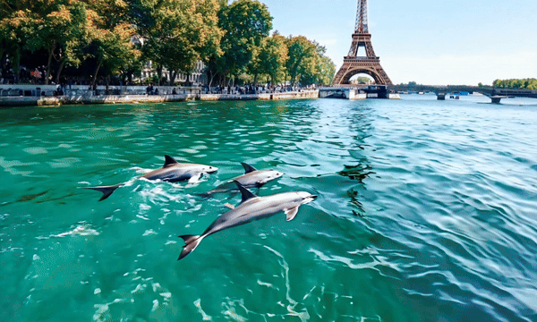 Blog - Endless AI video loop of Dolphins swiming in the Seine at Paris. LAB BOOCLE AI