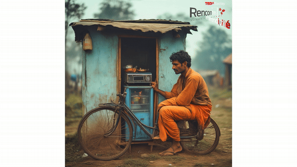 Blog - Endless AI Video Loop of a hindu seated on a bike in front of a lowtech fridge. LAB BOOCLE AI