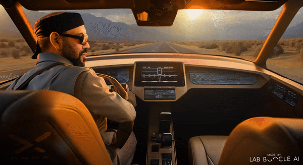 Blog - Cinemagraph' of Mohammed VI in a Namx driving in the Marocco desert. LAB BOOCLE AI