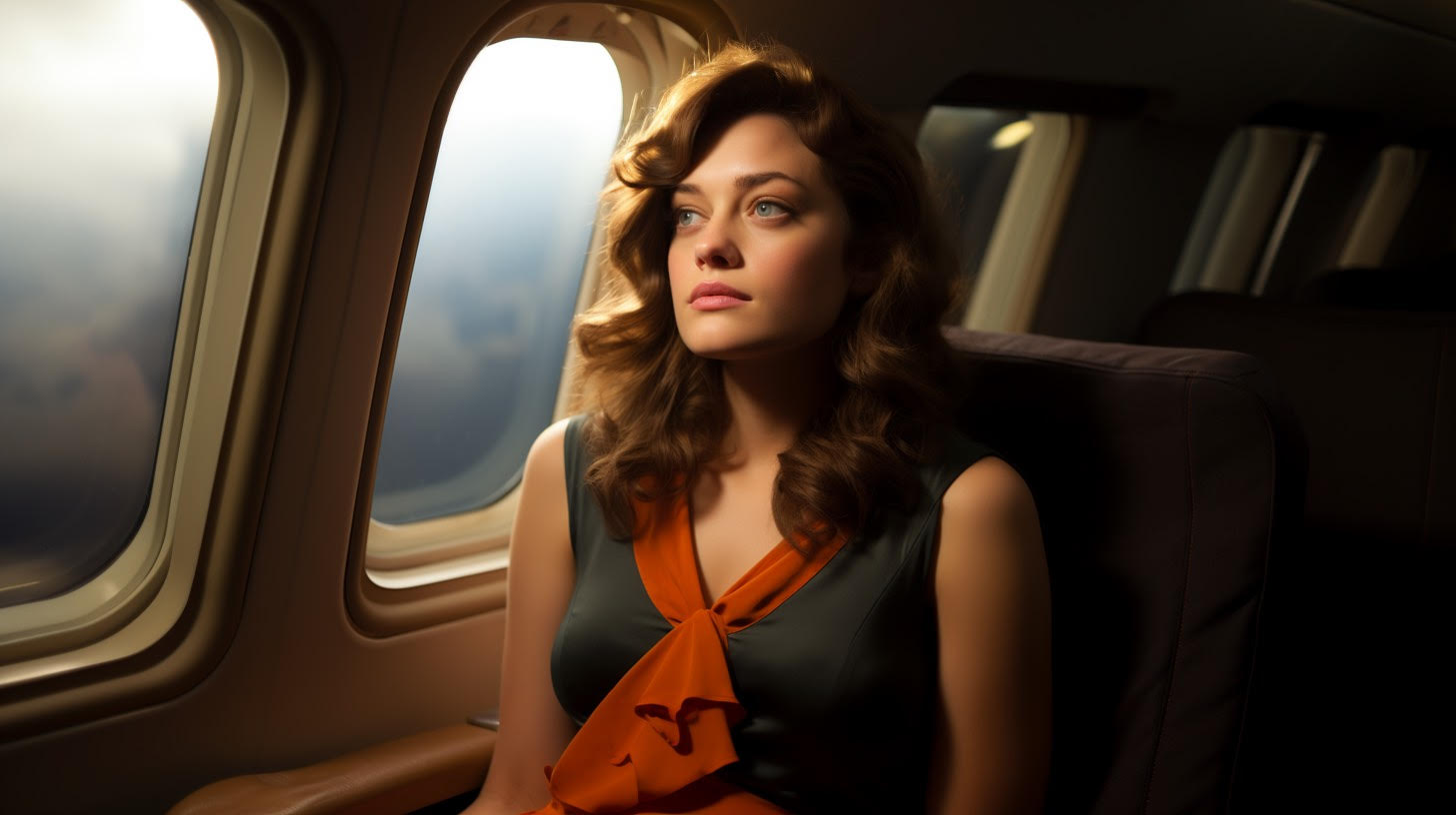 Blog - AI Photgraphy with Marion Cotillard on a plane. She is sad of take it for the ecological porblem. BOOCLE