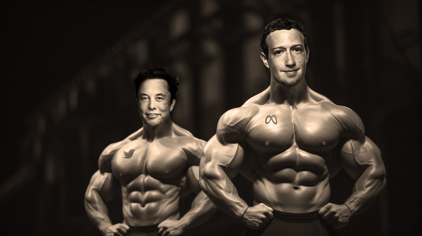 Blog - AI Photgraphy of Mark Zuckerberg and Elon Musk doing Body Bulding. BOOCLE