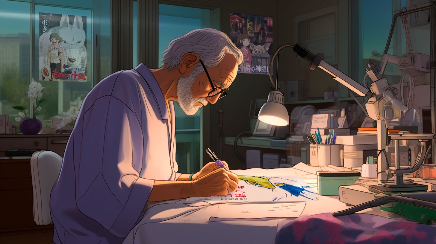 Blog - AI Photography of Miyazaki drawing his last animated film for Studio Ghibli. BOOCLE