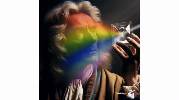 Blog - Cienmagraph' of Newton looking inside a prsim for see the rainbow. LAB BOOCLE AI