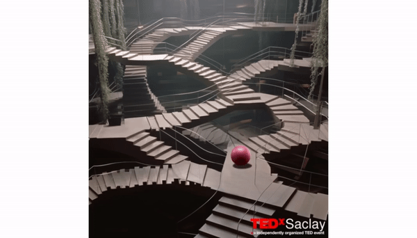 Blog - Cinemagraph' of Penrose stairs with pink ballon for TedxSaclay. LAB BOOCLE AI