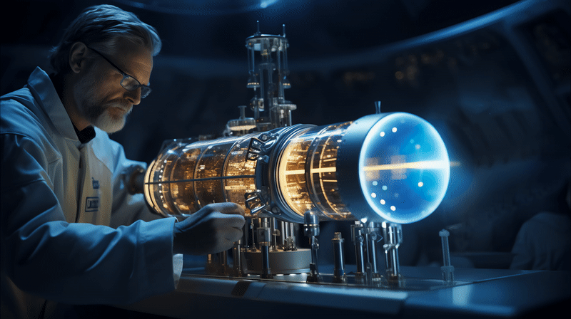 Cinemagraph d'un scientifique travaillant sur un moteur de navette spatiale à hydrogène