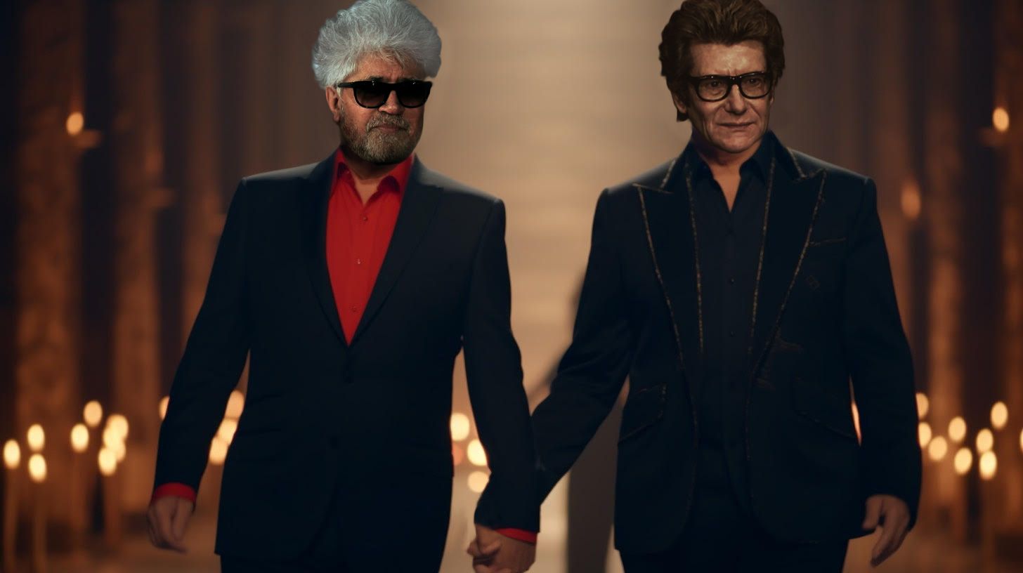Blog - AI Photography of YSL and Almodovar walking togetehr in a church, hand ot hand. BOOCLE